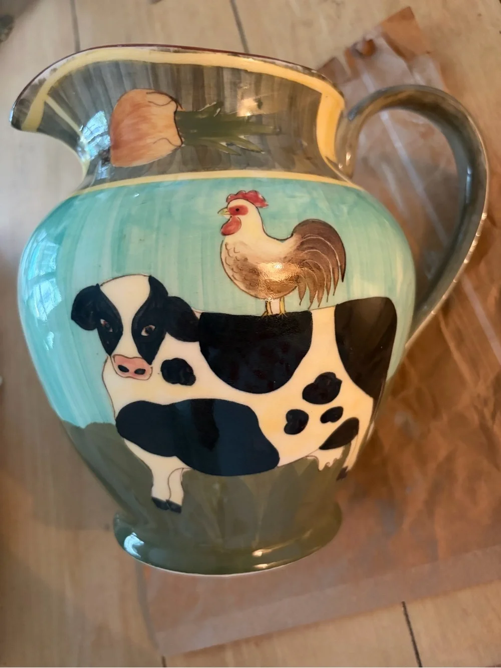 Eddie Bauer Farmyard Ceramic Pitcher Cow Rooster in Aqua